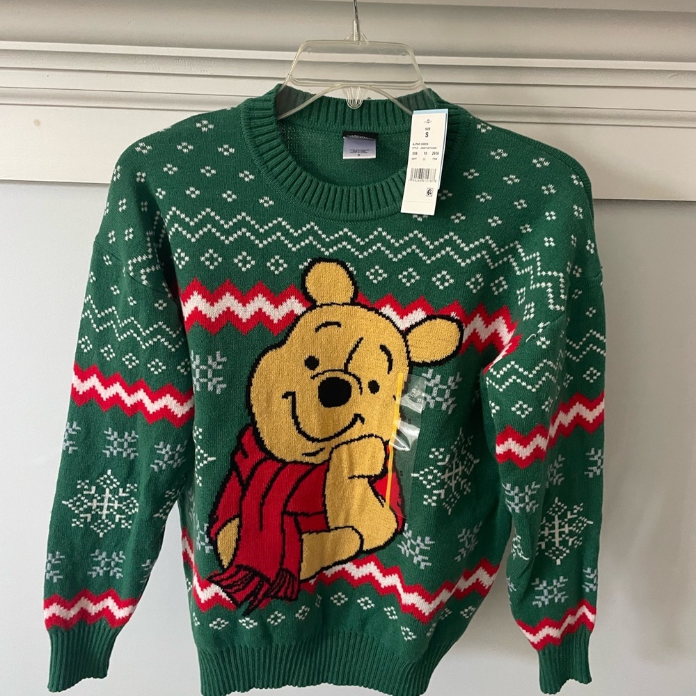 Disney Green Crewneck Sweater with Pooh Bear and Snowflake Design